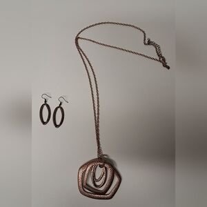 Elegant Copper Tone Metal Jewelry Set Earrings Long Necklace